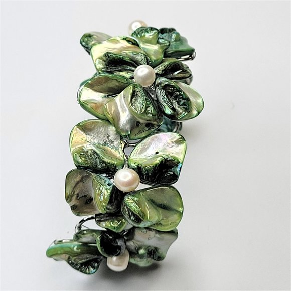 Green Pearl Adjustable Cuff Bangle Bracelet- NEW - Picture 7 of 13